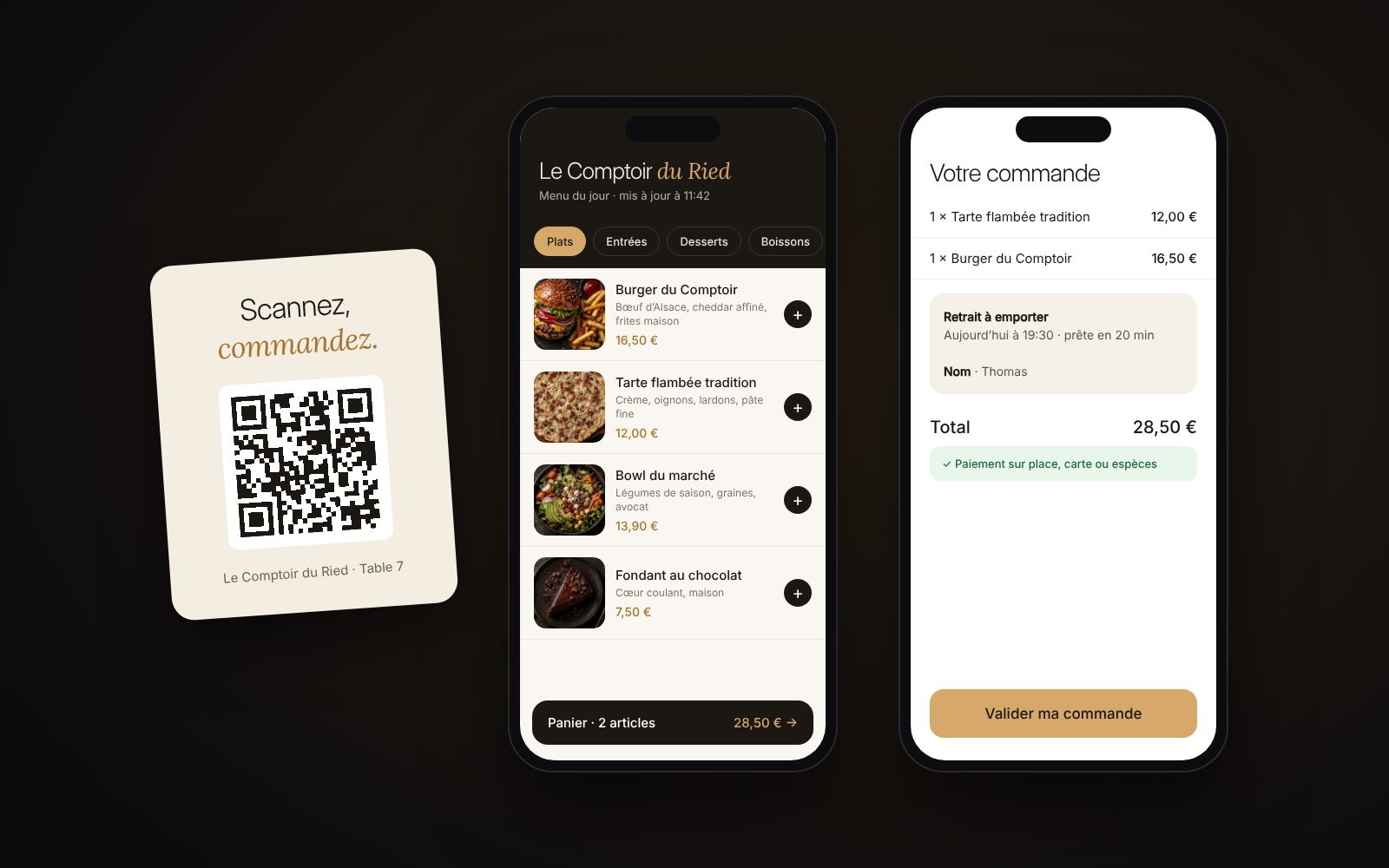Exemple : carte QR sur table, menu en ligne avec photos et page de commande à emporter