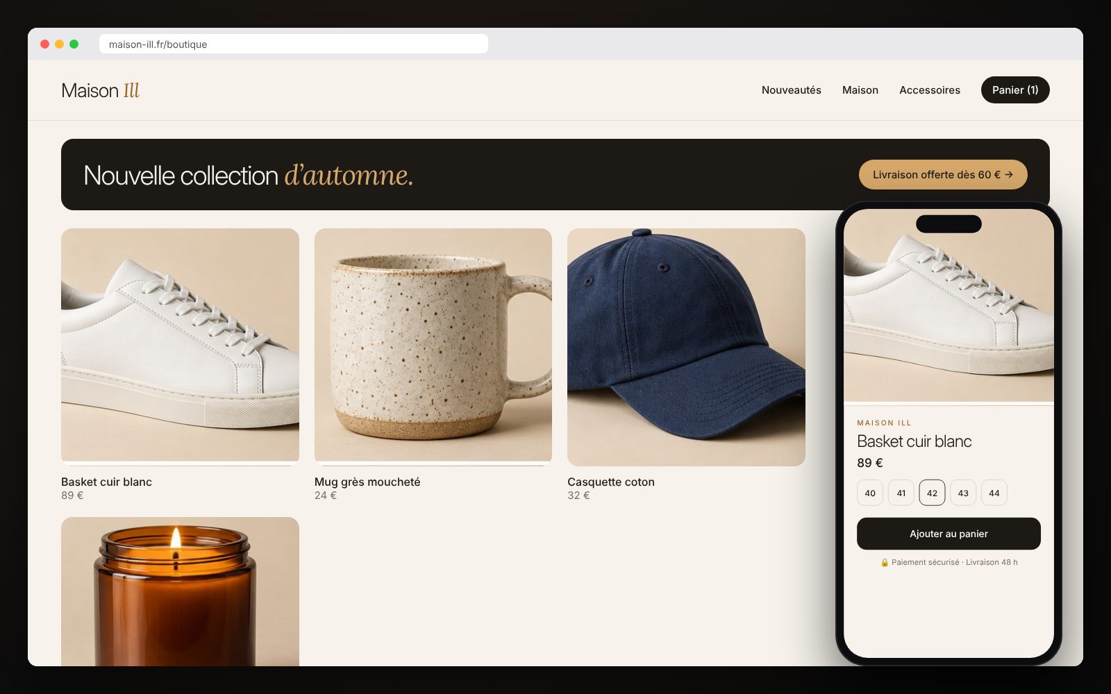 Exemple : boutique en ligne avec photos produits, prix et page produit sur mobile